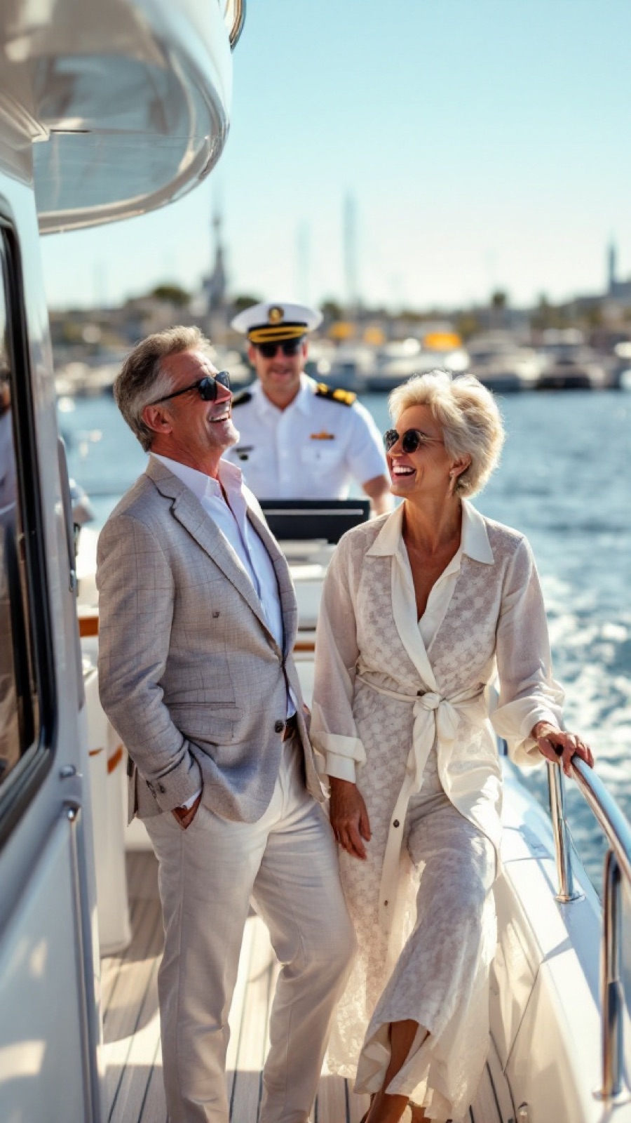 Guests on the aft deck of a charter yacht with the captain at the helm behind them